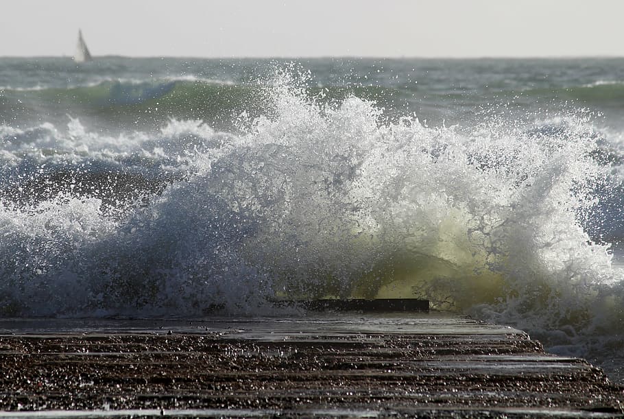 sea waves on brown dock, swell, web, spray, restless, ocean, beach, HD wallpaper
