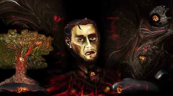 man's face and tree painting, self portrait, destiny, battle HD wallpaper