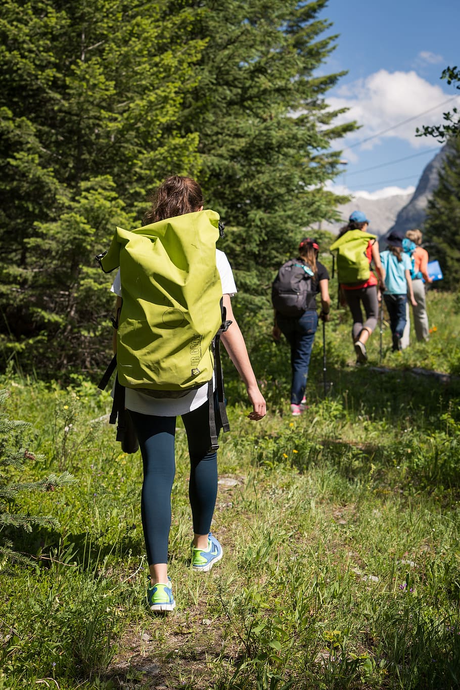 woman with green backpack walking on grass pathway, Hiking HD wallpaper