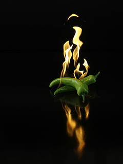Green Chili With Fire, burning, chilli peppers, flame, flaming HD wallpaper