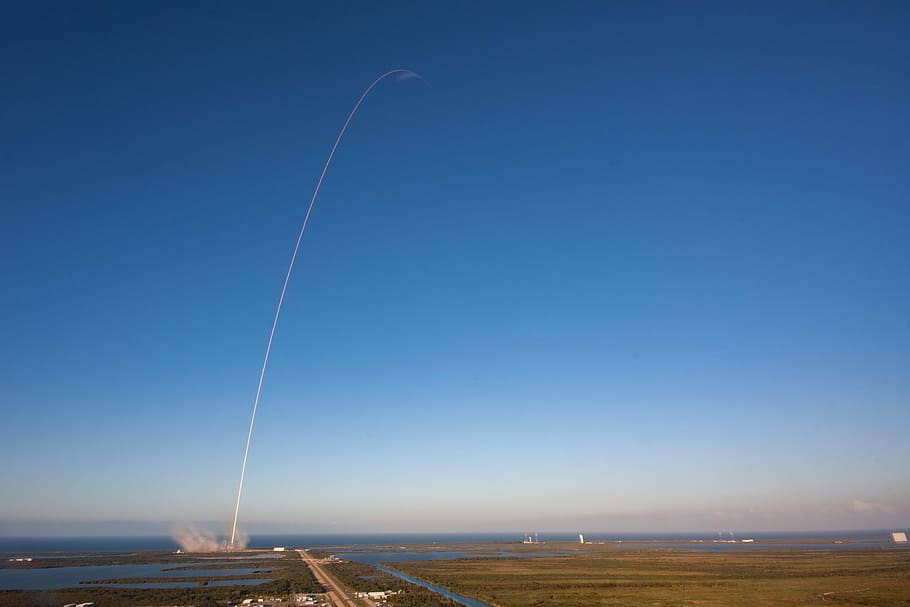 brown land during daytime, rocket taking off, blue, sky, sunset HD wallpaper