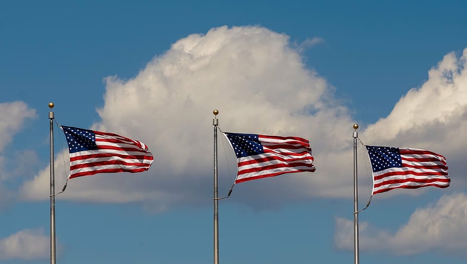 three US flag on poles, america, wind, colors, american, colours, HD wallpaper