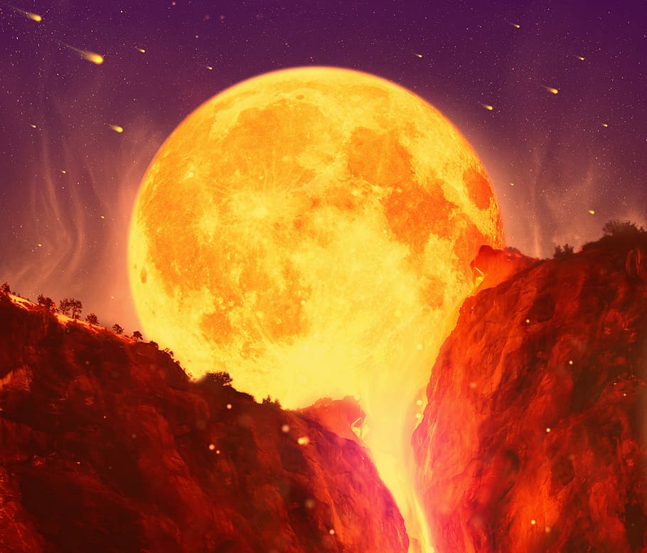 full moon beside mountains, volcano, volcanic, meteor, comet HD wallpaper