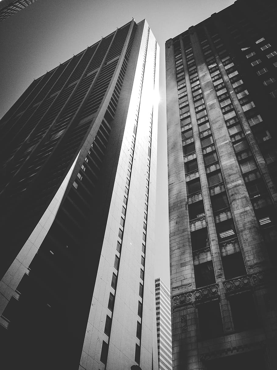 lower angle photography of high rise building, worms eyeview of gray and black building HD wallpaper