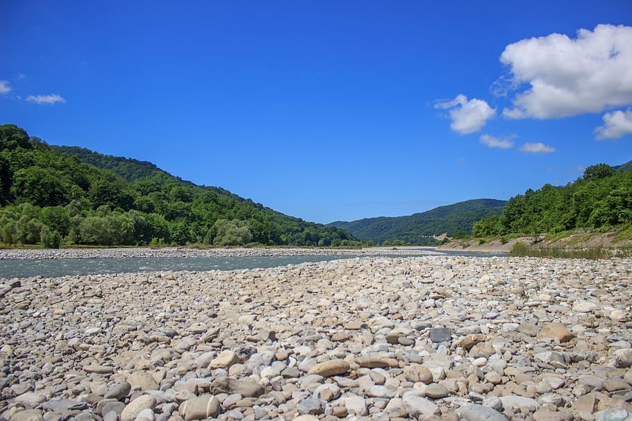 river, hills, nature, trees, sky, water, scenics - nature, tranquil scene HD wallpaper