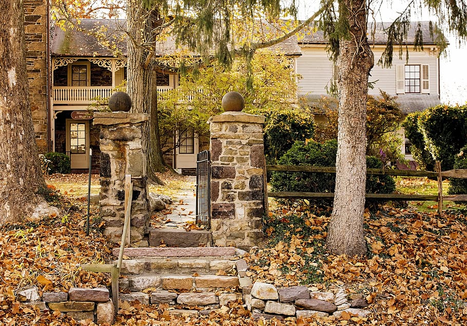gate, walkway, house, architecture, built structure, tree, building exterior HD wallpaper