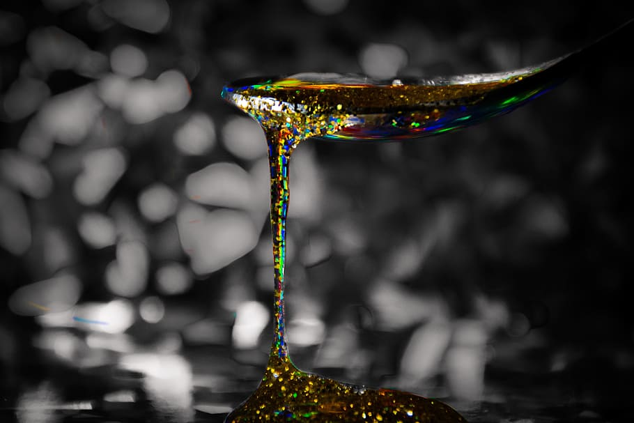 macro photography of liquid glittered, spoon, gold, food, yellow, HD wallpaper