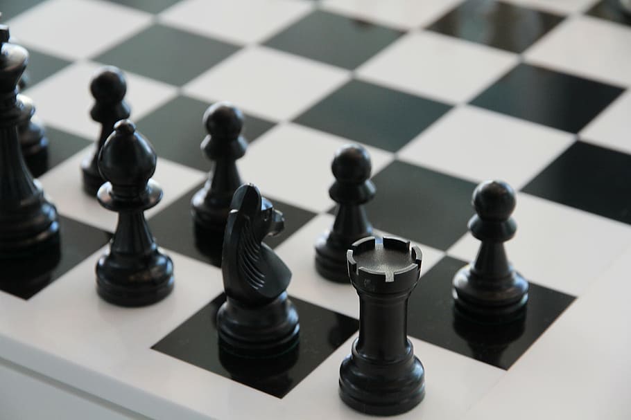 black chess pieces, play, white, tower, black and white, strategy, HD wallpaper