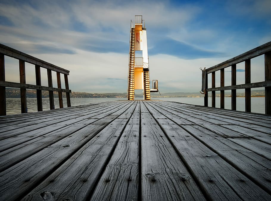 brown wooden dock bridge, brown wooden sea dock, path, tower HD wallpaper