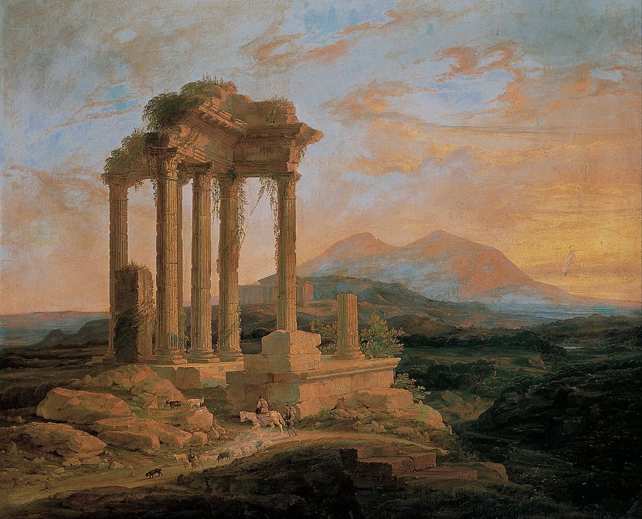 painting of ruins, lluis rigalt, columns, horse, people, mountains