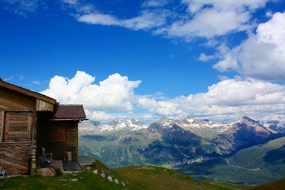 chalet, engadin, switzerland, mountain, alpine, alps, landscape HD wallpaper