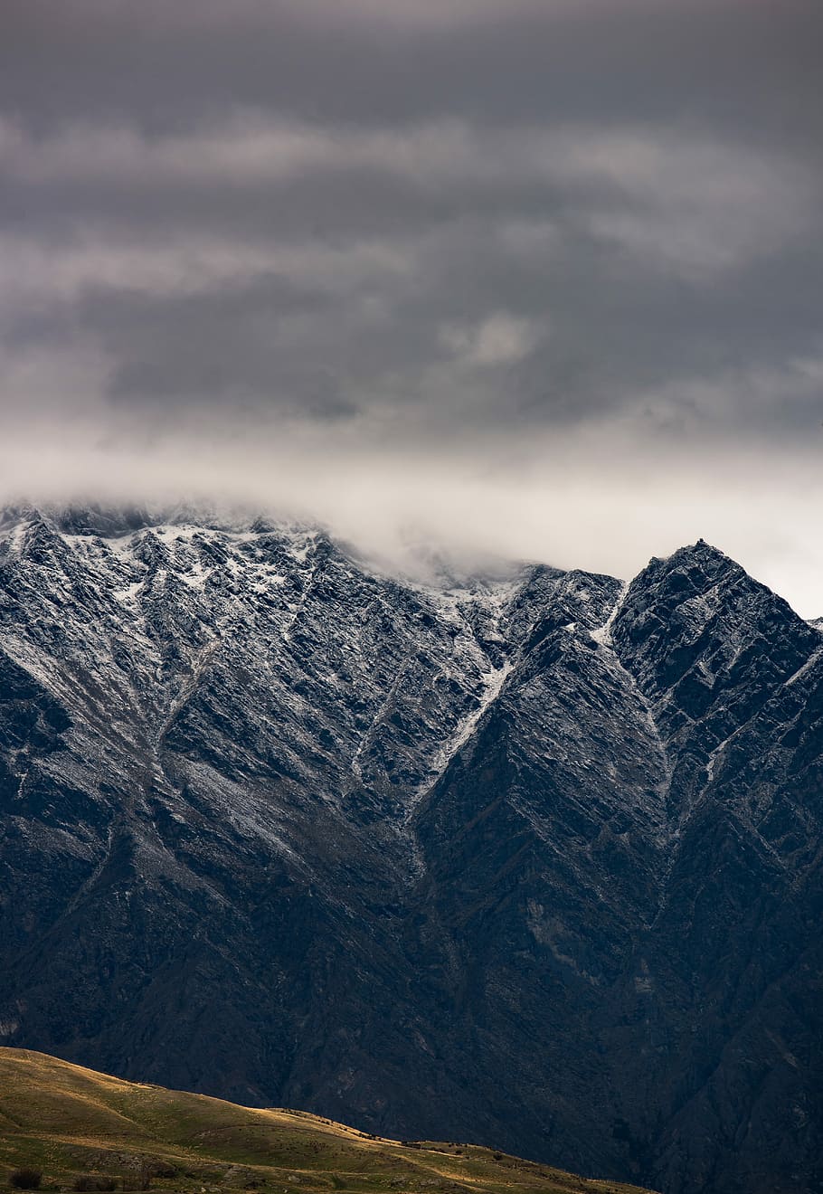 high-photography of mountains, gray mountain under gray clouds HD wallpaper