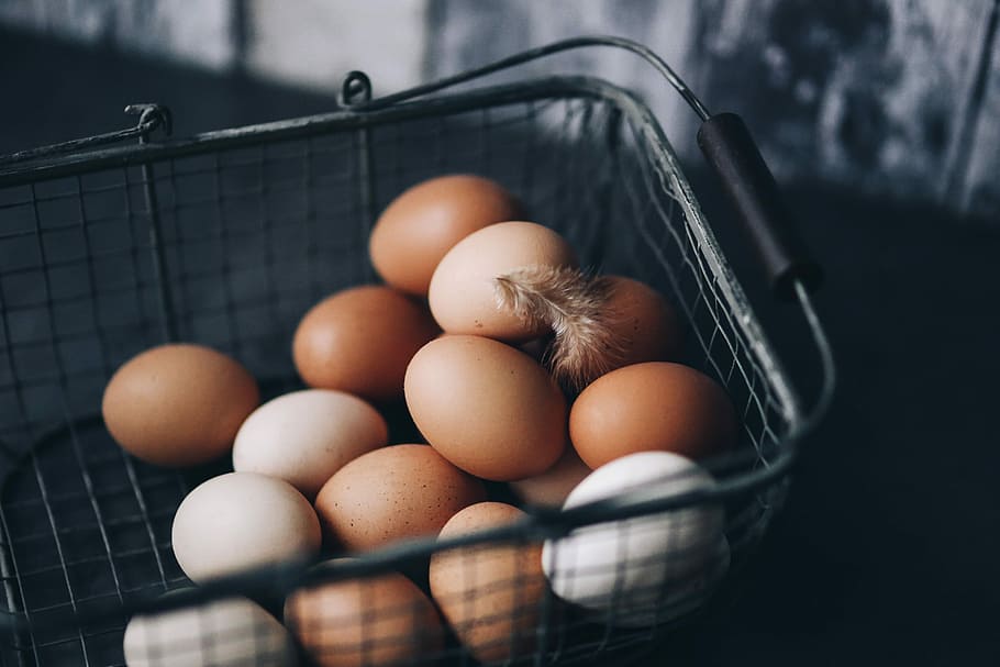 Metal wire basket with eggs, food, animal Egg, freshness, farm, HD wallpaper