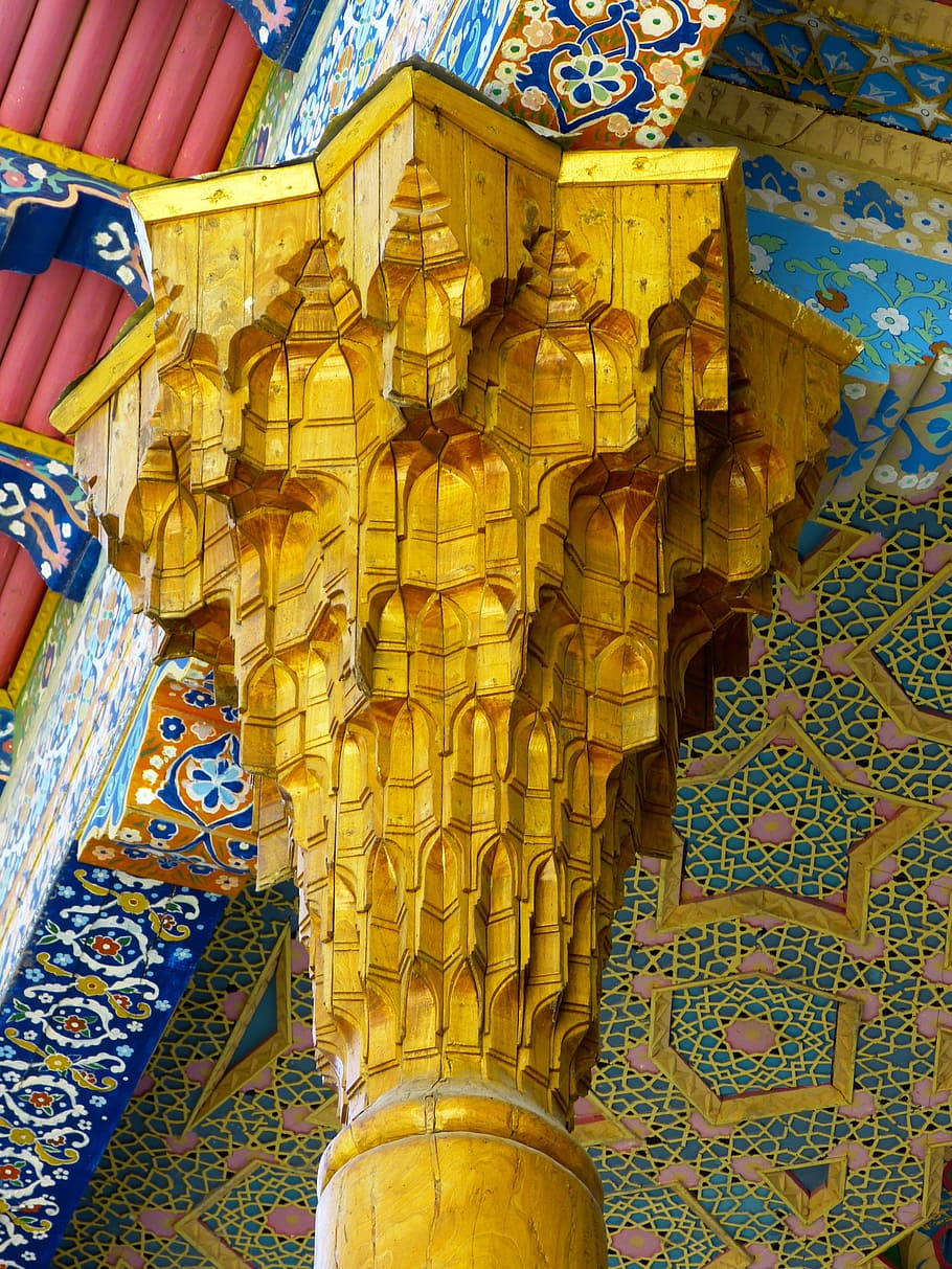 pillar, wood, carving, decorated, bolo hauz, mosque, arts crafts, HD wallpaper