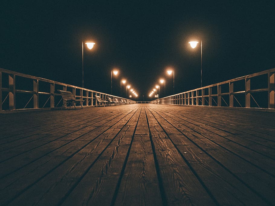 brown wooden dock during night time, photo, boardwalk, pier, evening, HD wallpaper