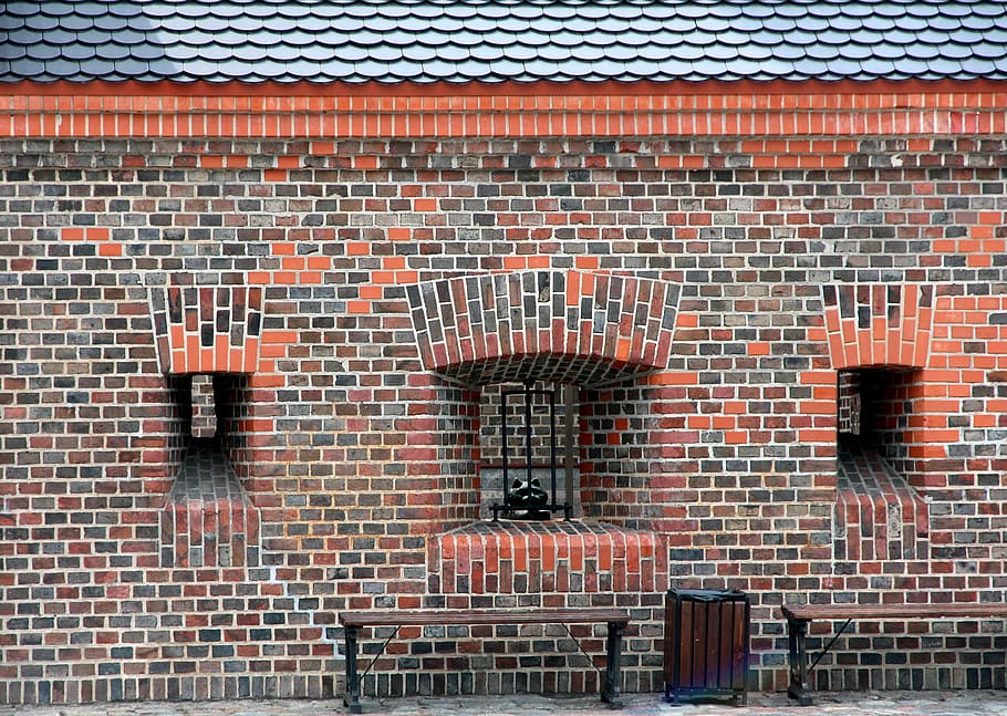 brick wall, lattice, bench, texture, wall house, brickwork, HD wallpaper