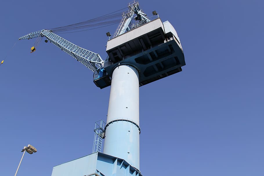 blue, technology, metal, sky, iron carrier, crane, shipyard HD wallpaper