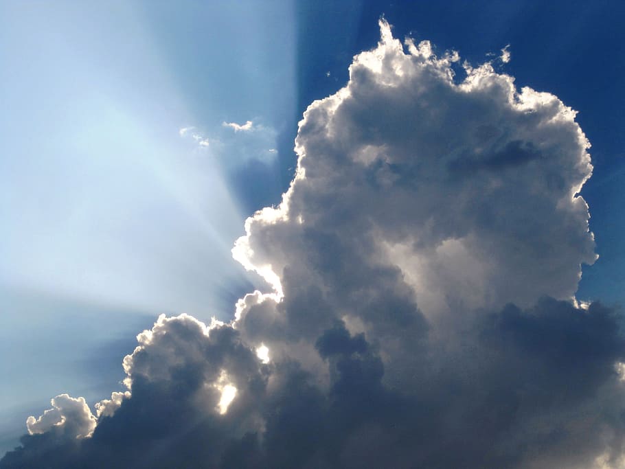 Cloud, Sun, Rays, Sunlight, Sunny, horizon, sky, blue, fluffy HD wallpaper