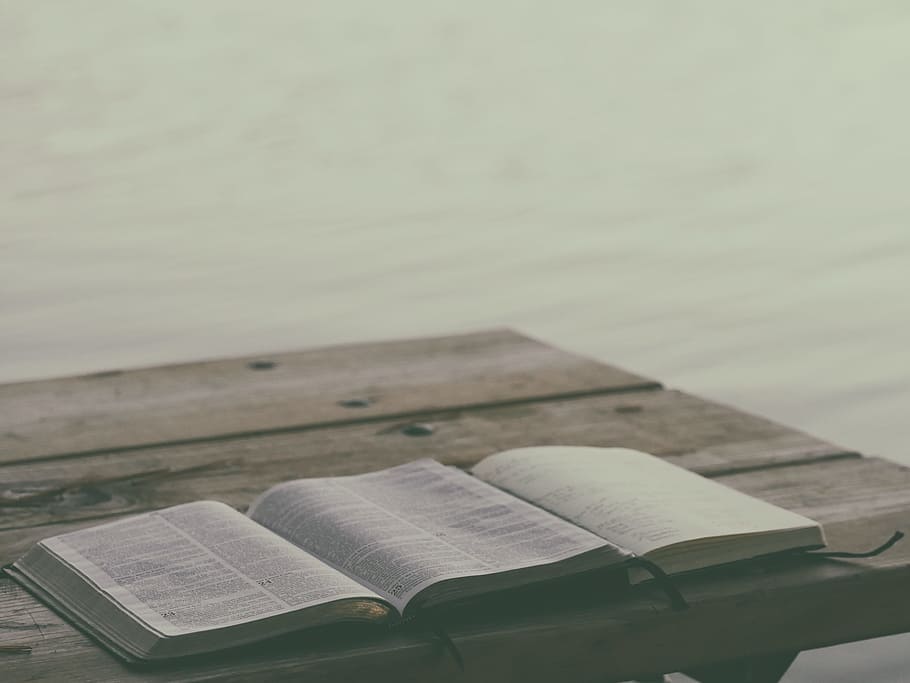 two books on the bench, open book on top of wooden table, water HD wallpaper