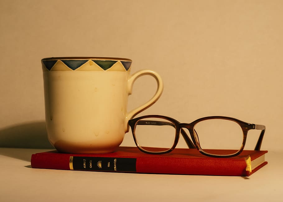 cup, book, eyeglasses, frame, lens, chill, relax, mug, indoors HD wallpaper