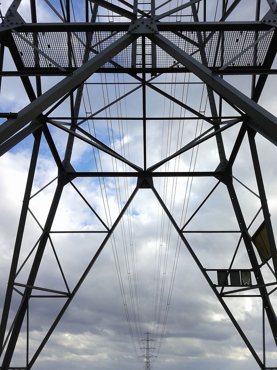 high voltage, mast, powerlines, pylon, electricity, wires, cumulus clouds HD wallpaper