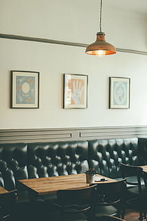 tufted black back leather padded sofa, cafe, restaurant, diner HD wallpaper