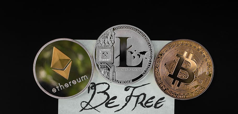 three assorted coins, cryptocurrency, financial concept, dom, HD wallpaper