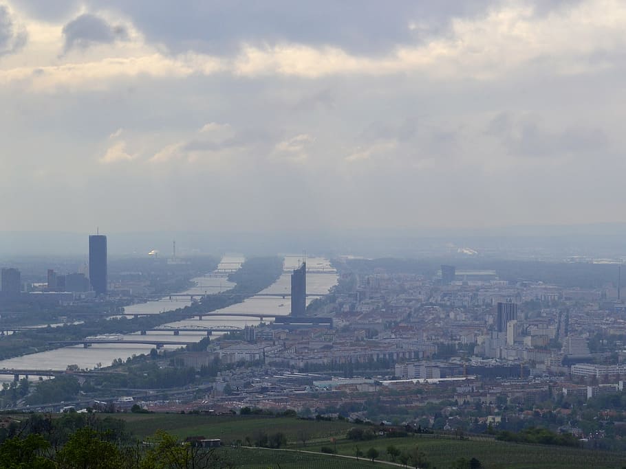vienna, sky, blocks, danube, cityscape, austria, capital, steam HD wallpaper
