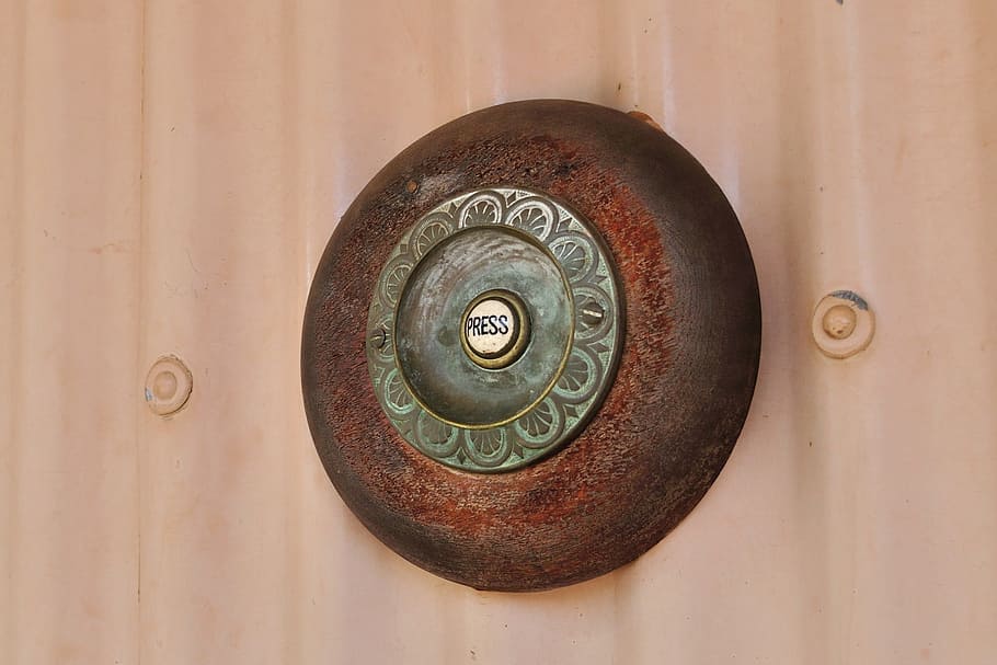 door bell, press, button, antique, metal, electric, brown, zinc