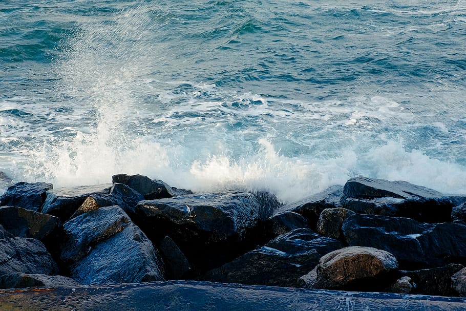 Waves and rocks, nature, sea, water, rock - Object, blue, coastline HD wallpaper