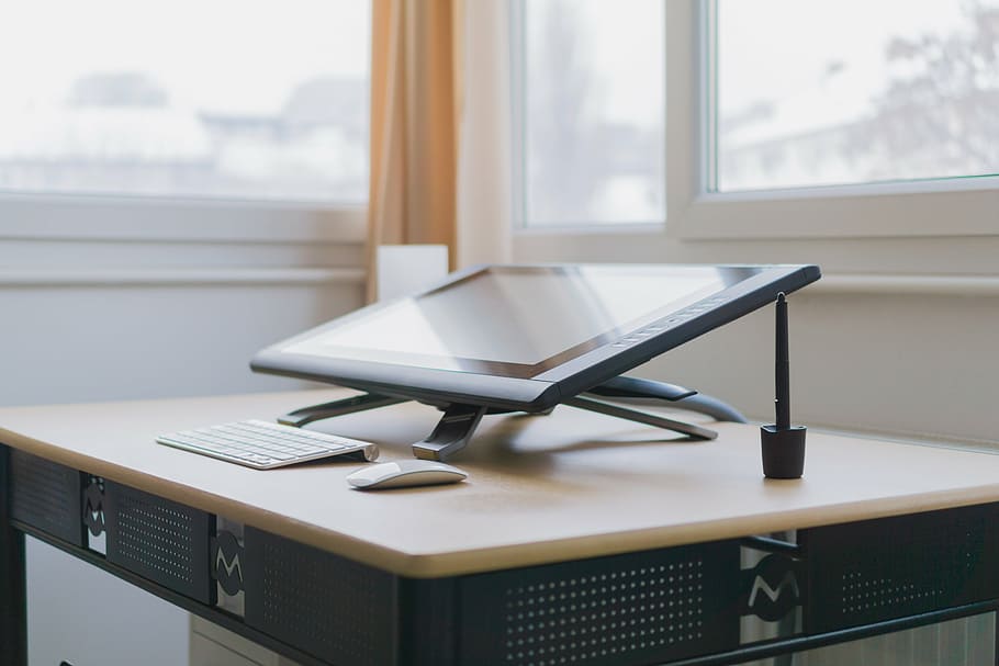 turned-off flat screen monitor on top of table, grey, drawing HD wallpaper