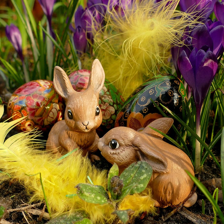 two brown rabbits plastic toy, easter, easter bunny, hare, decoration, HD wallpaper