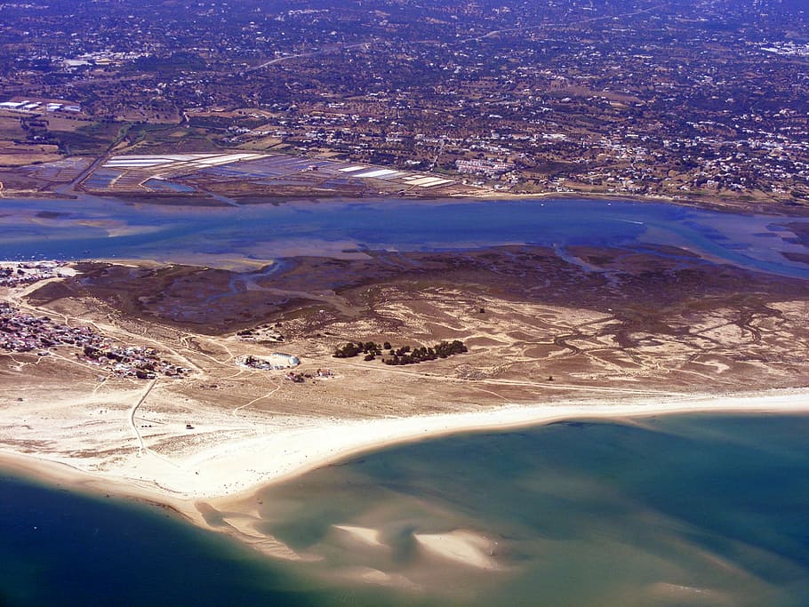 water, white, plane, day, the haze, ground, blue, sand, aerial view HD wallpaper