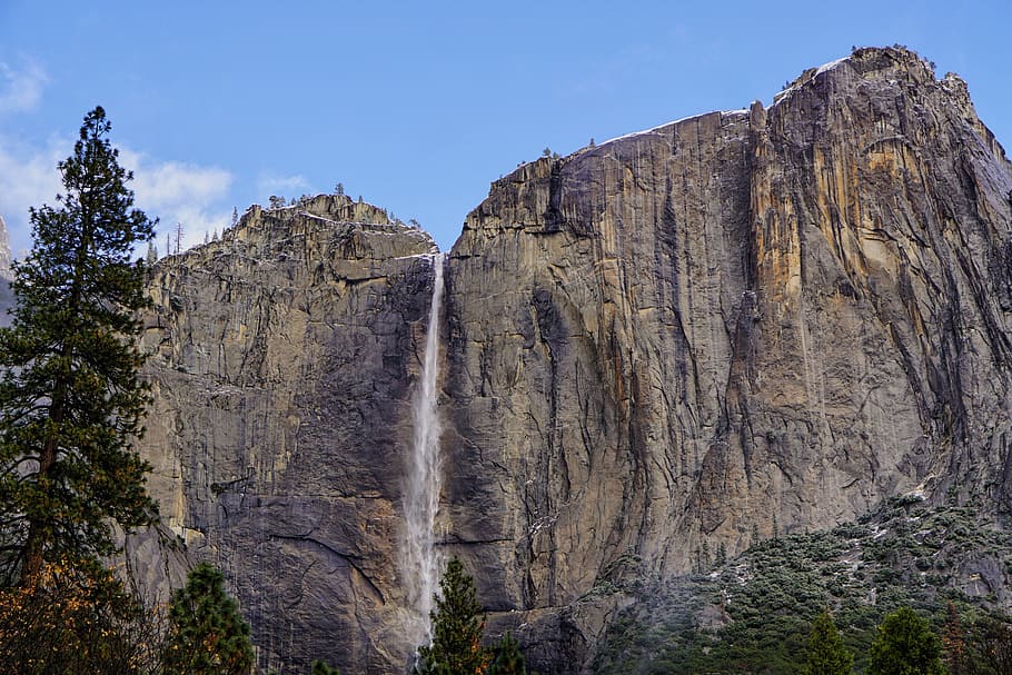 waterfall, hill, mountain, rocks, nature, landscape, tree, blue HD wallpaper
