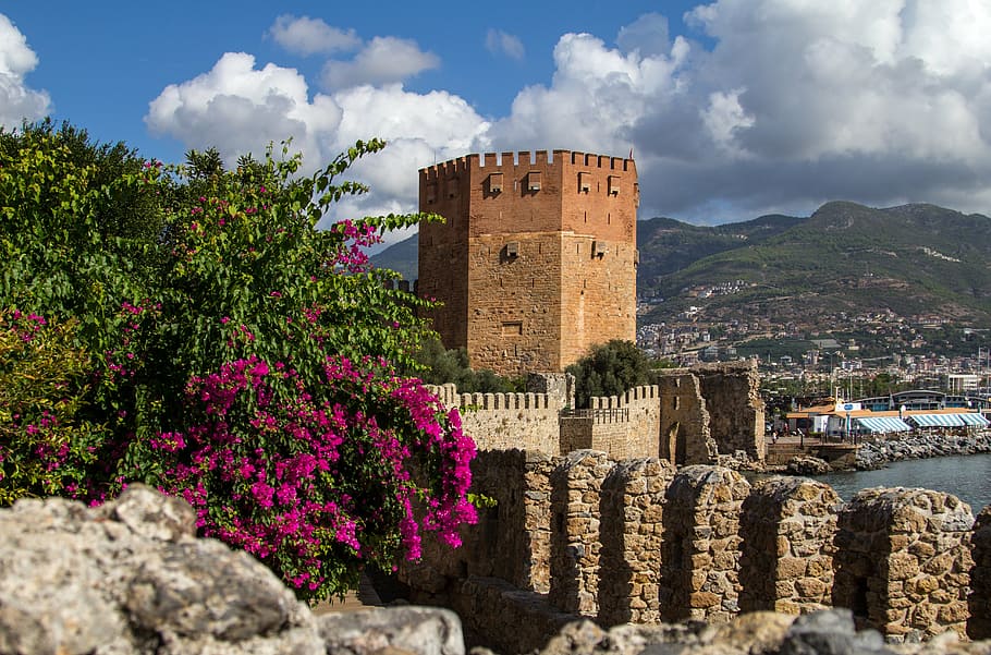 turkey, alanya, tower, port, building, turkish riviera, sea, HD wallpaper