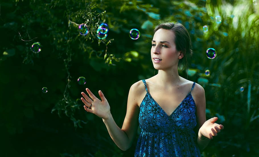 selective photography of woman in blue dress, women, people, one Person HD wallpaper