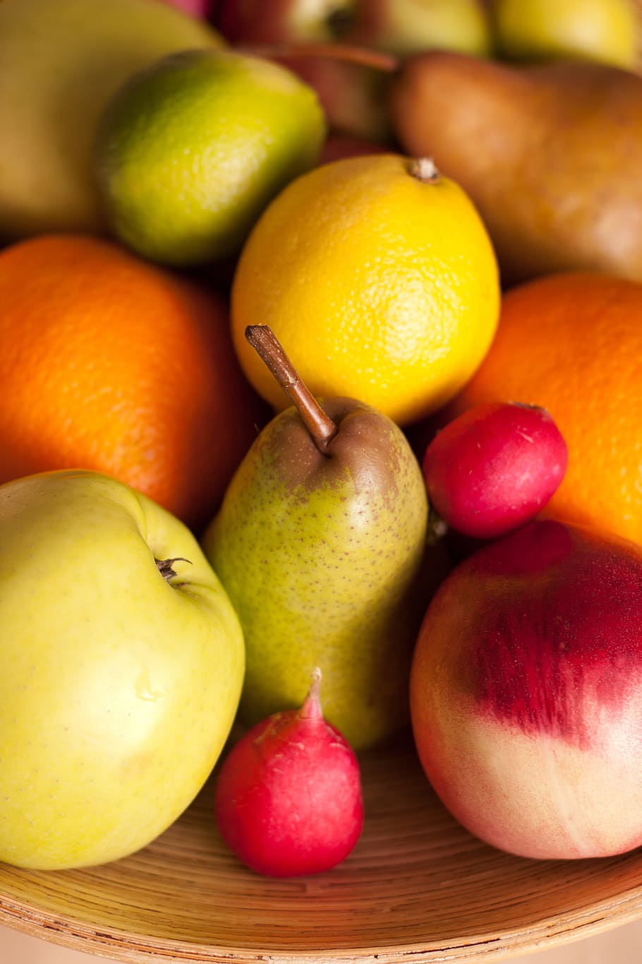 Fruits, Basket, Pear, Lemon, Apple, radish, green, red, orange HD wallpaper