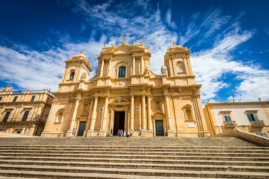 beige building under cloudy blue sky, cathedral, noto, sicily, HD wallpaper