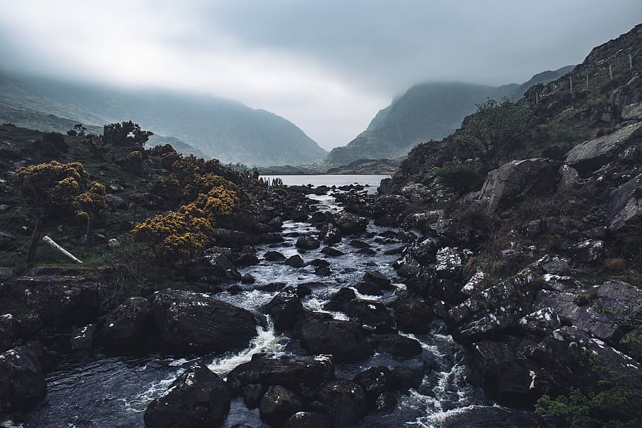 running water under gray sky, lightroom, wilderness, nature HD wallpaper