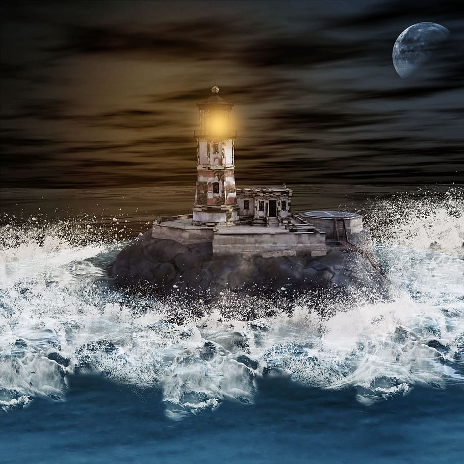 lighthouse struck by sea waves during nighttime, ocean, surf HD wallpaper
