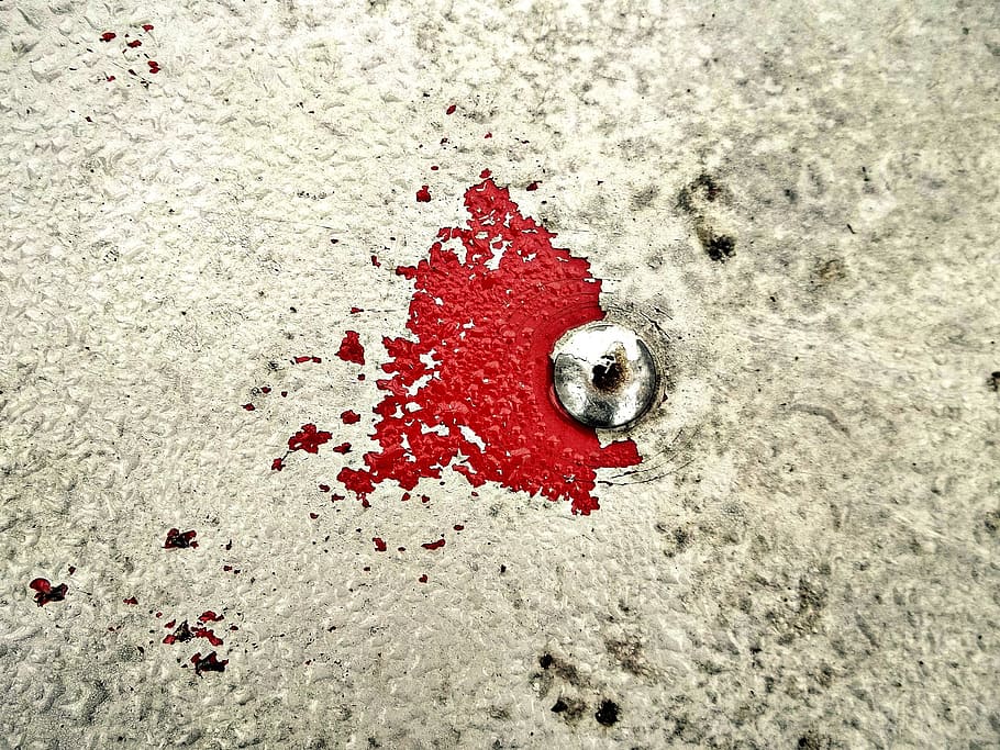 nail fastener with red stain, spot, cracks, texture, old, white HD wallpaper
