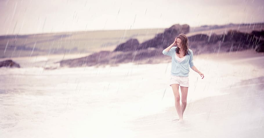 woman standing on beach shore while raining, enjoy, water, weather HD wallpaper
