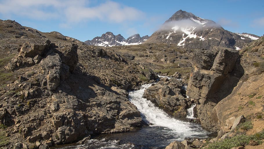 mountain, water fall, river, splashing, landscape, nature, wild HD wallpaper
