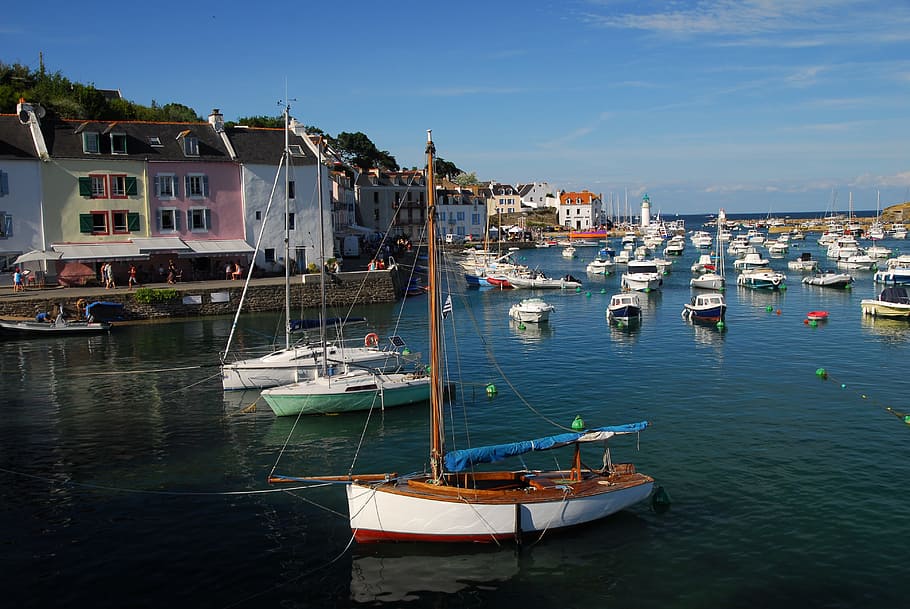 Port, Boats, Brittany, Sauzon, France, holiday, sea, pier, pontoon, HD wallpaper