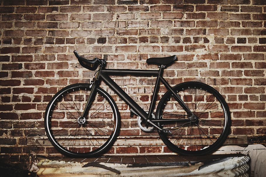 bicycle, bike, wall, bricks, fixed gear, black, brick wall