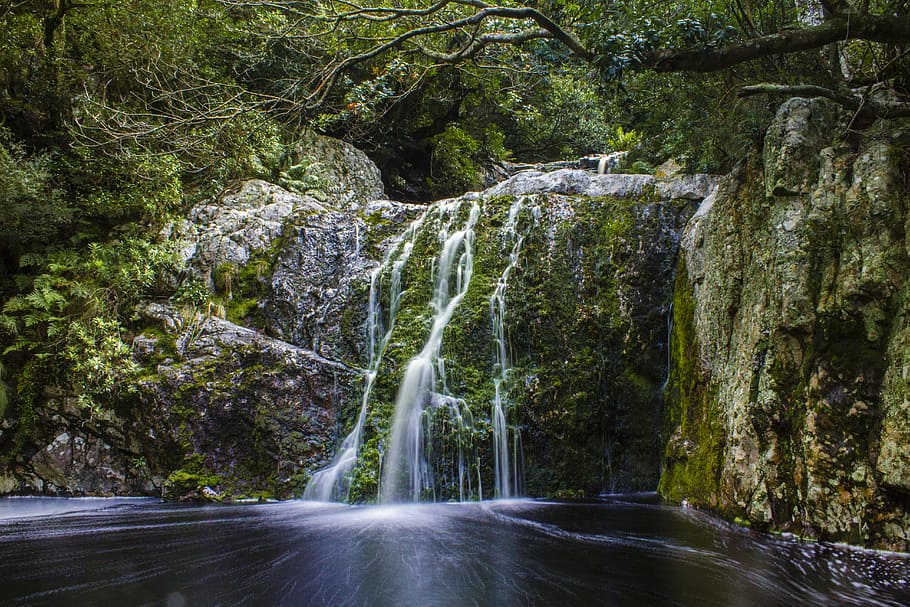 waterfall and mountain with trees, landscape photo of waterfall HD wallpaper