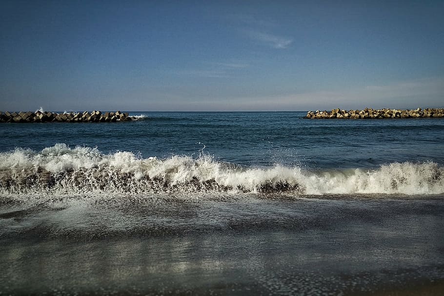 sky, sea, beach, wave, natural, landscape, water, horizon over water HD wallpaper