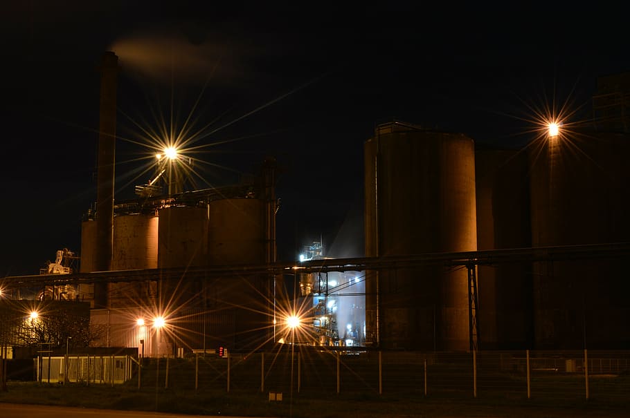 industry, industrial area, night, factory, machine, the production, HD wallpaper