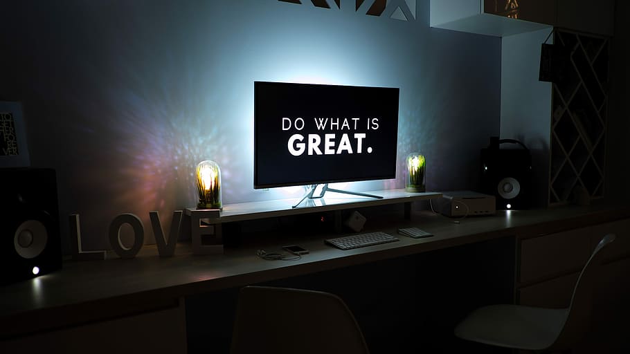 turned on flat screen television, white flat screen TV and white wooden sideboard HD wallpaper
