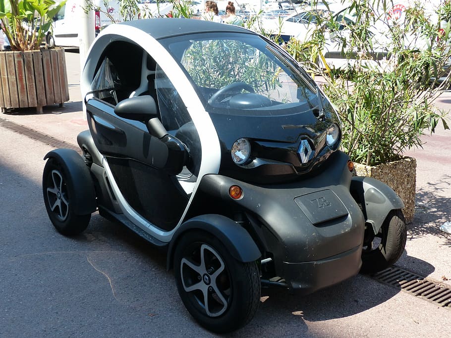 black e-car beside plant, auto, small, mini, renault twizy HD wallpaper